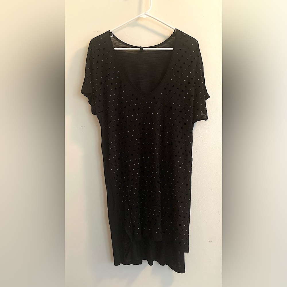 Black medium BCBG tunic top with silver studs along front. Good condition.